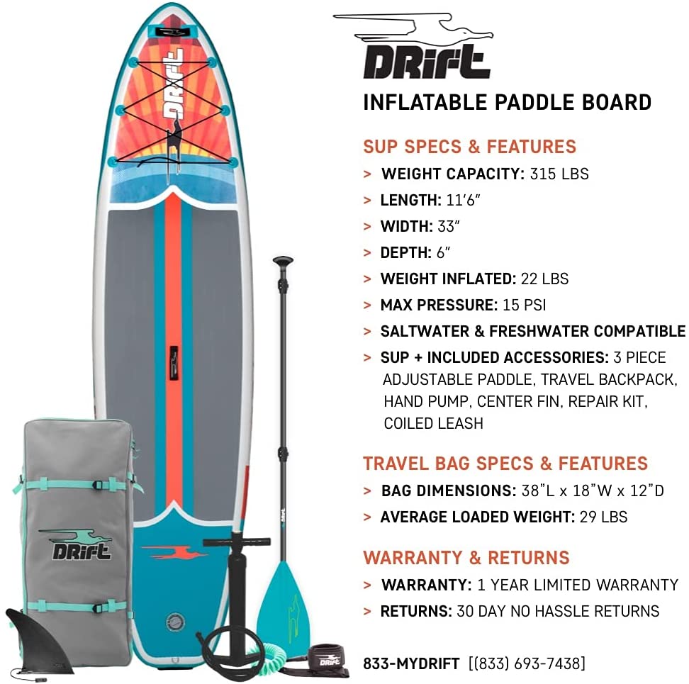  Drift Aero Inflatable Stand Up Paddle Board - SUP Paddle Board  & Accessories, Including Pump, Paddle, and More - Classic Woodgrain, Adult,  10'8 : Sports & Outdoors