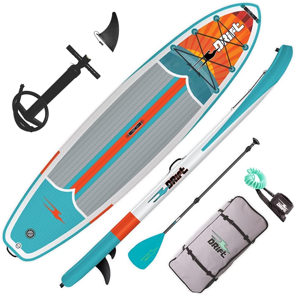 Top and side view of drift paddle board with accessories