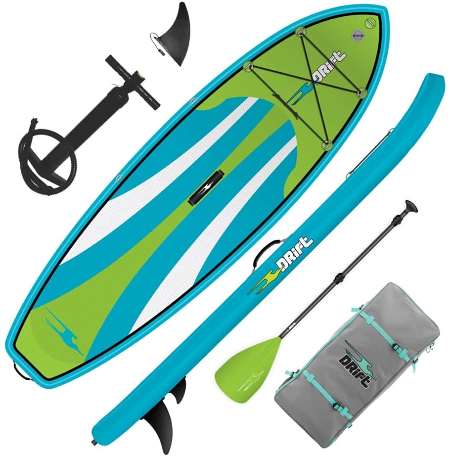 Top and side view of kids drift paddle board with accessories