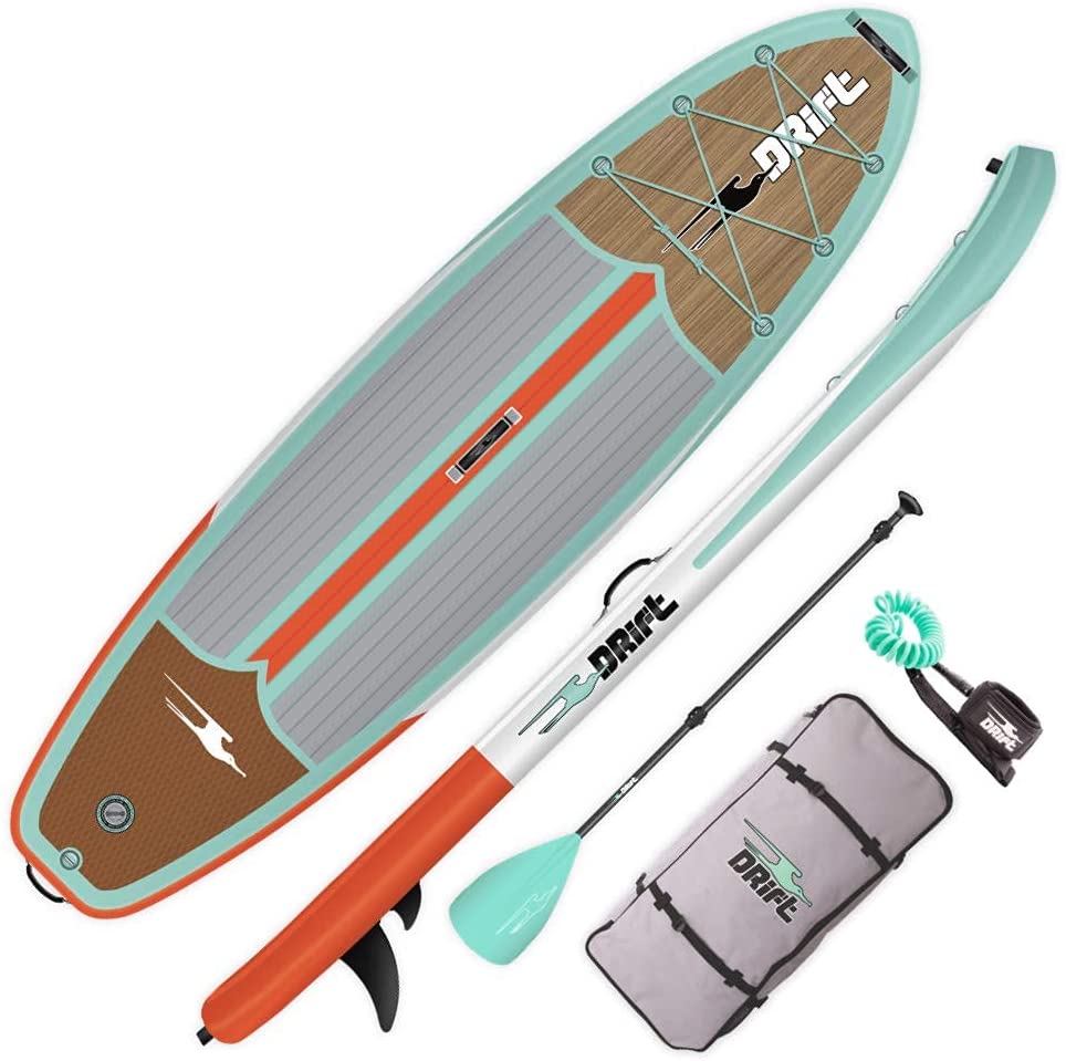 Top and size view of drift paddle board with paddle, leash and bag